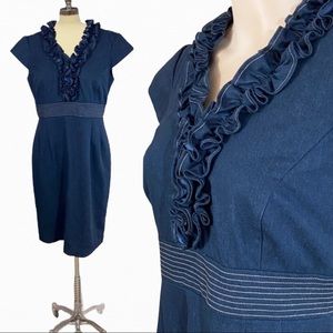 Dress Barn denim ruffled V-neck cap sleeve sheath career party dress 8